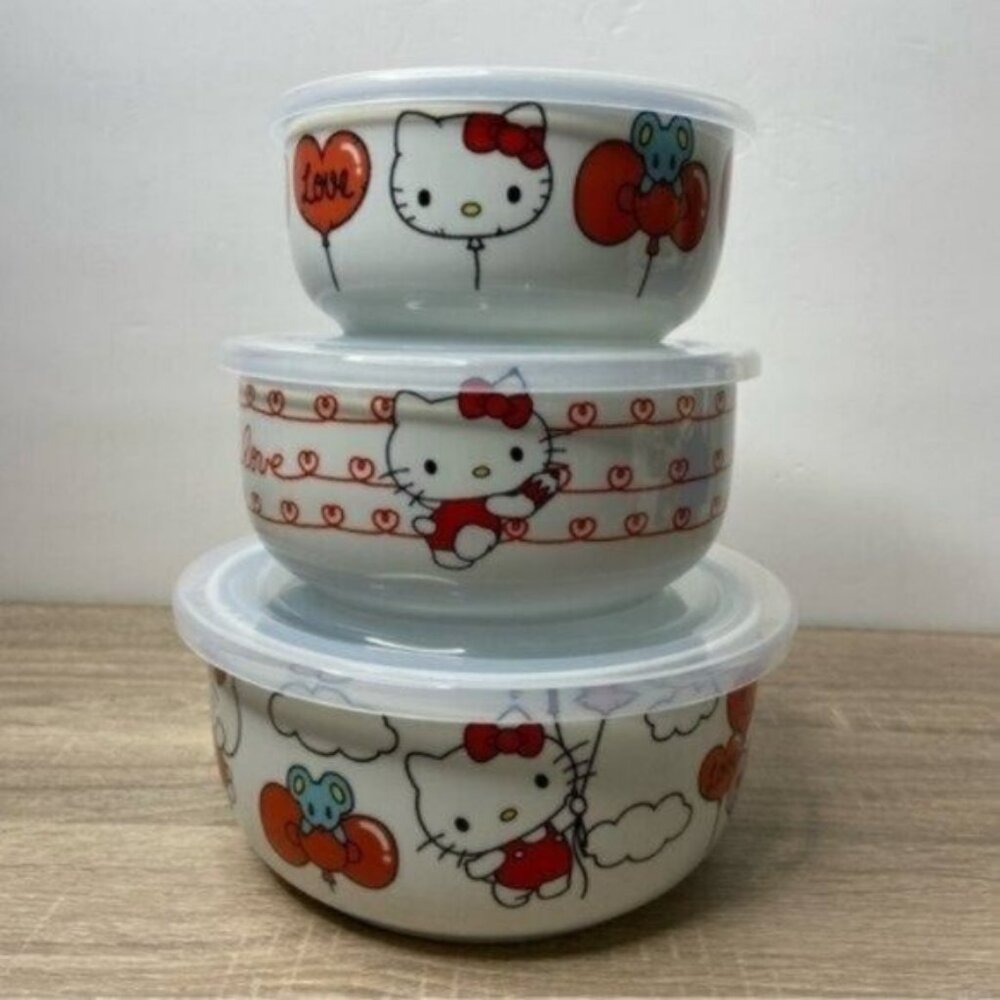 Hello Kitty Ceramic Food Storage Bowl Tupperware Pressure Lid 3Pc Bundle New
